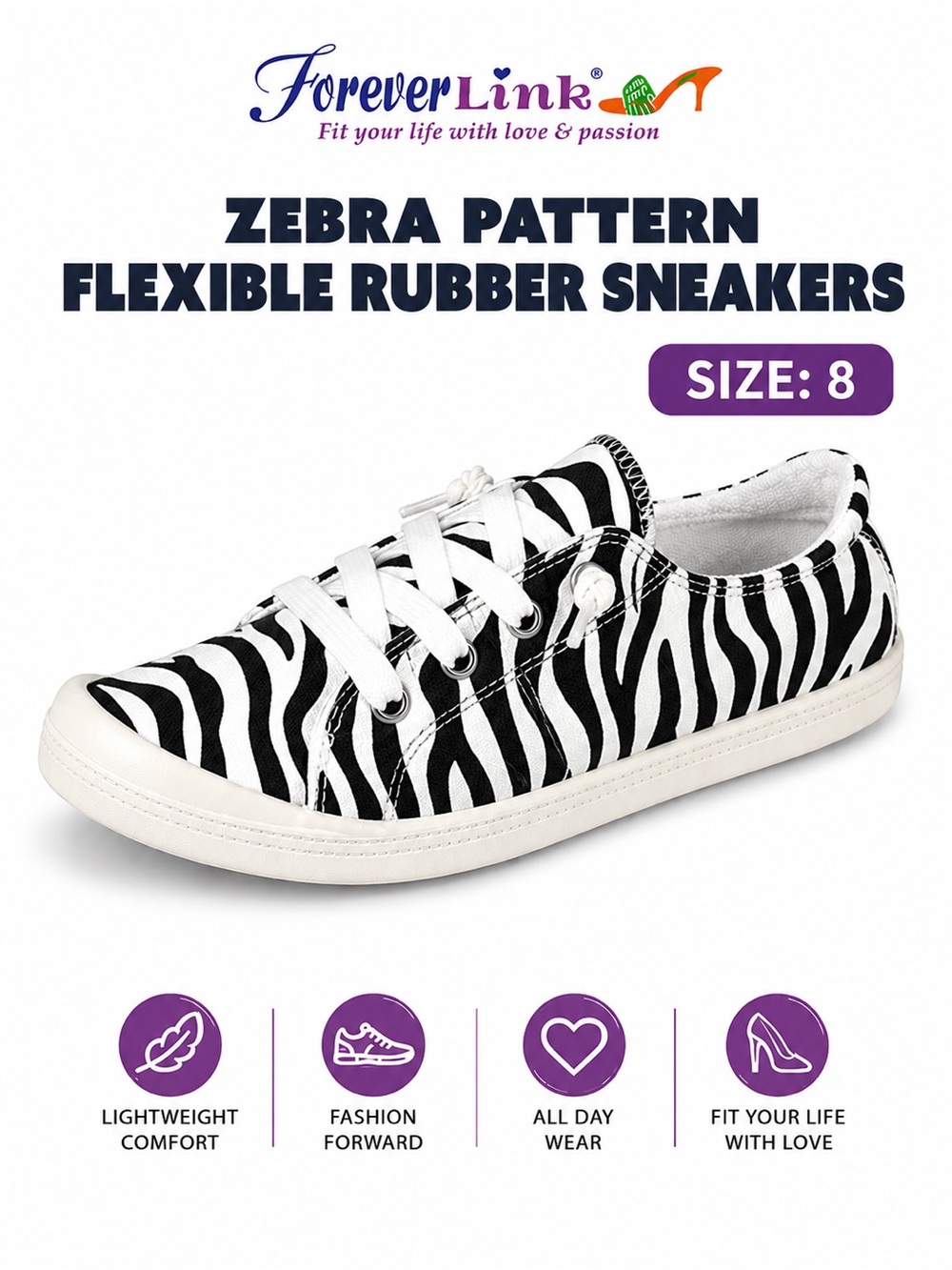 Zebra Pattern Lace Up Slip On Flexible Rubber Casual Street Sneakers